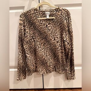 Leopard Print Long Sleeve Top Chicos size 2 women lightweight sweater tan black
